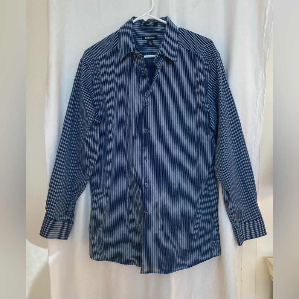 Claiborne Blue Stripe Long Sleeved Button Down Dress Shirt Size 16 32/33